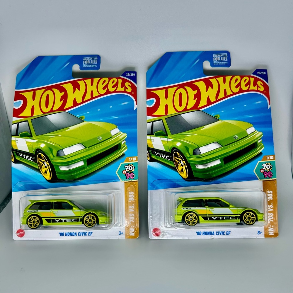 2025 Hot Wheels Honda Lot of 2x - ‘90 Honda Civic EG 70s VS 90s Lime Green 1/10
